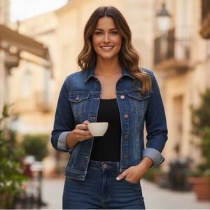 D.Jeans Cropped Medium Wash Denim Jacket, Cotton Blend, Size Medium